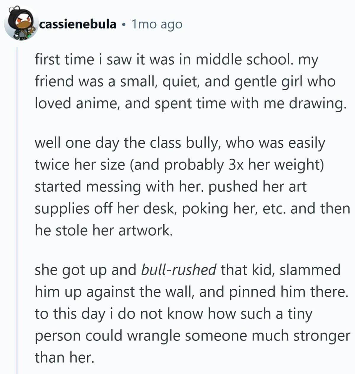 A story about a time a trash talker regretted bullying a quiet anime girl in middle school.