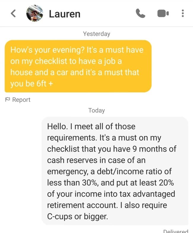 A screenshot of a dating app conversation where a man replies to a woman's long list of dating requirements with his own, even more demanding and specific checklist of requirements for her.
