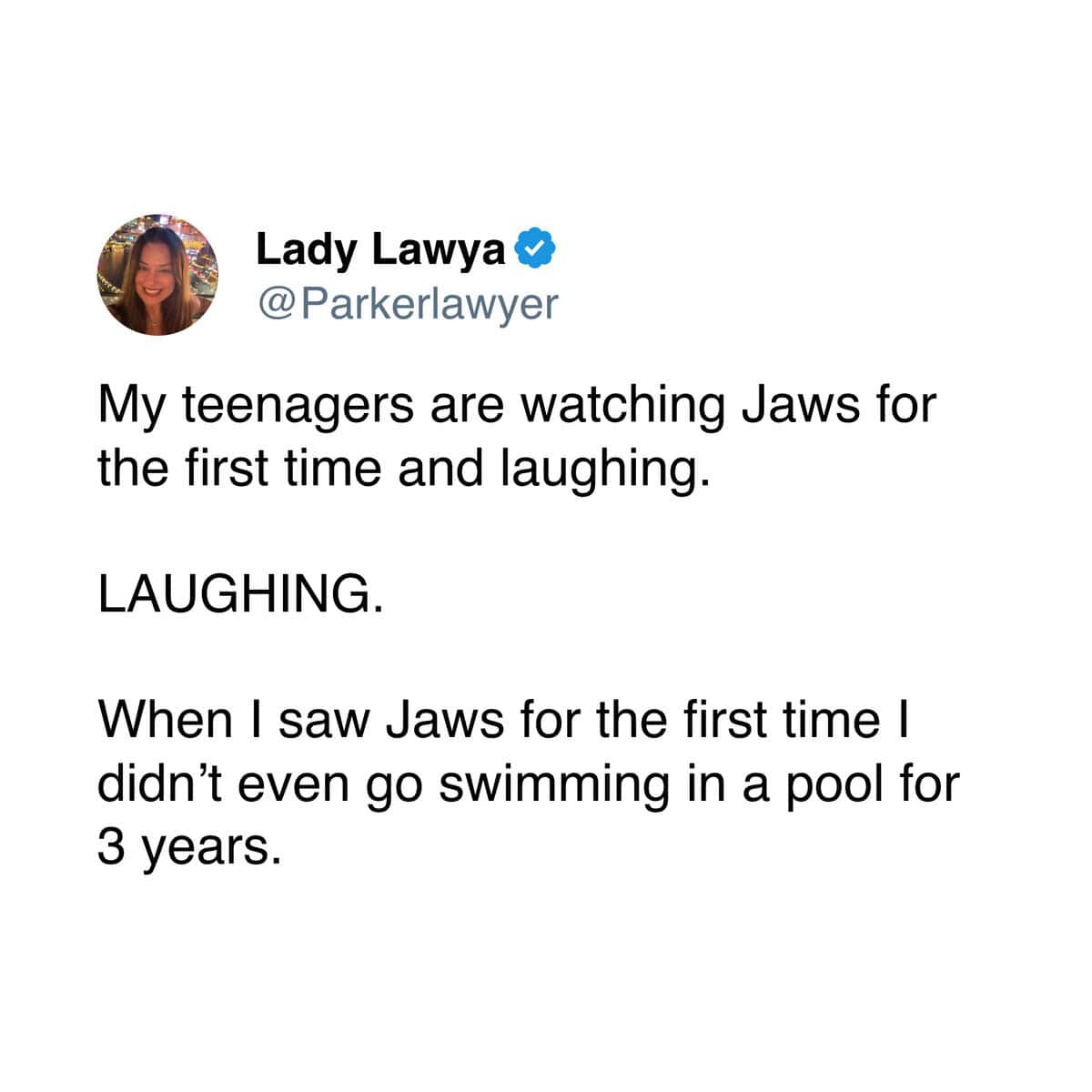 A Gen X meme tweet about how teenagers today laugh at the movie Jaws, which was once terrifying.