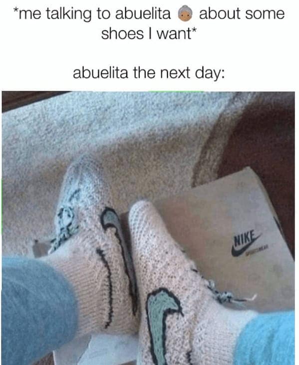 A wholesome grandma meme about an abuelita knitting a perfect pair of Nike sneaker slippers for her grandchild.