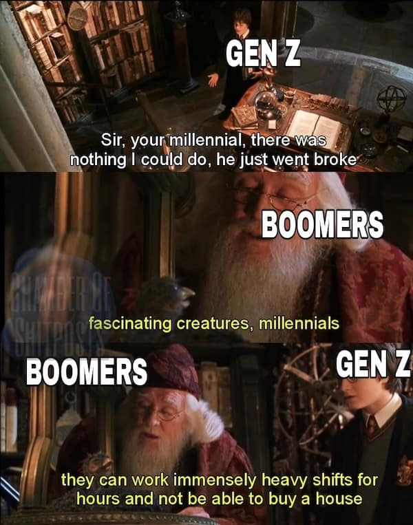 A funny three-panel Harry Potter meme that uses a scene with the characters Dumbledore and a young Tom Riddle to discuss the unique economic struggles of the Millennial generation.
