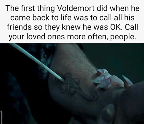 A wholesome and funny meme that reframes Lord Voldemort activating the Dark Mark as him just calling all of his friends to let them know that he is okay after he was resurrected.