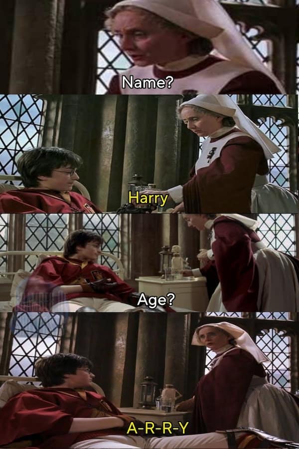 A brilliant four-panel meme that perfectly edits a famous and iconic scene from the classic British comedy movie Hot Fuzz by photoshopping in characters from the Harry Potter series.