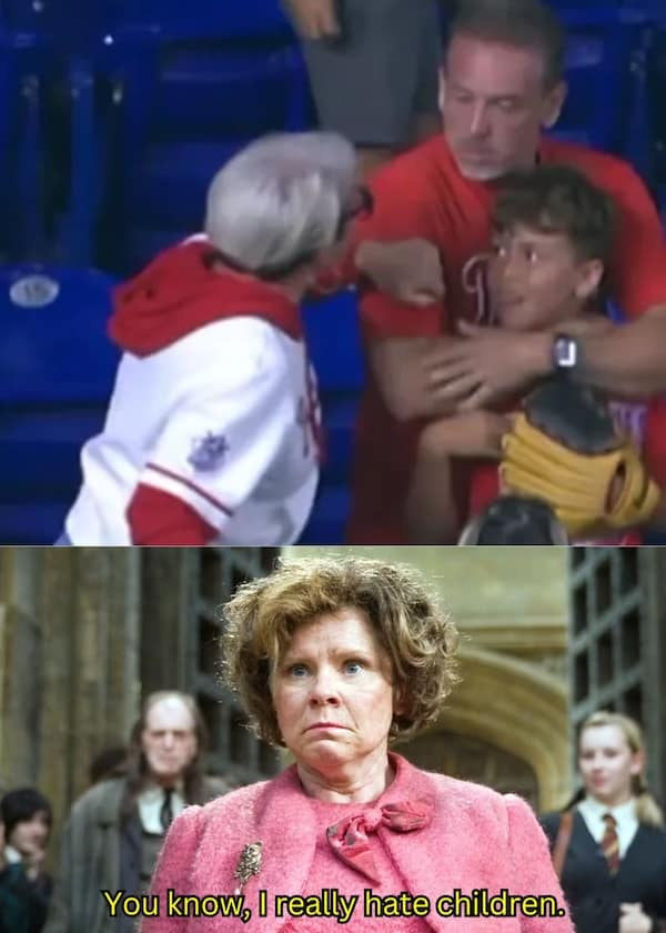 A two-panel reaction meme that uses a famous quote from the villain Dolores Umbridge about hating children to react to a viral video of an adult stealing a baseball from a child.