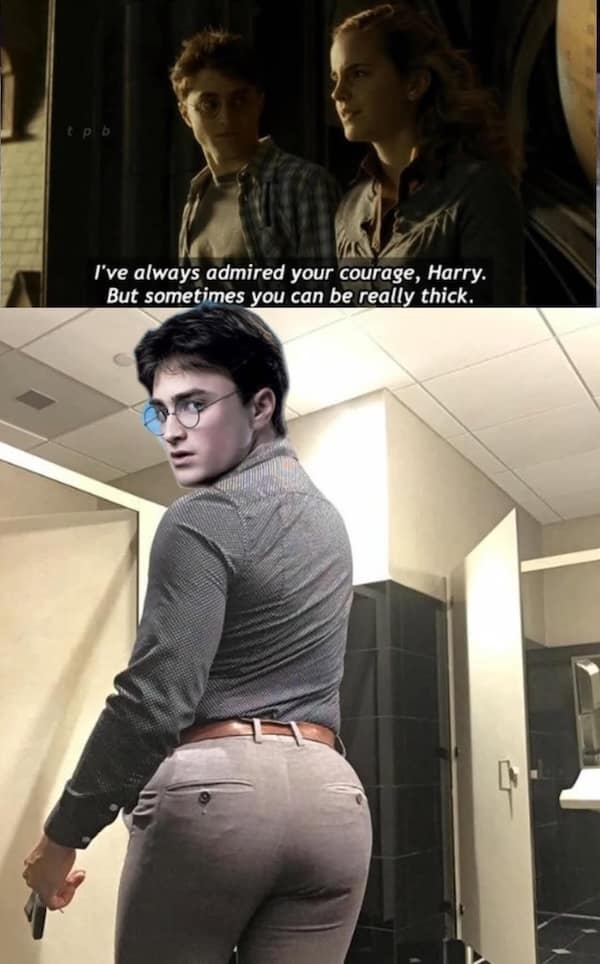 A hilarious and slightly cursed visual pun on the word "thick," which shows a digitally altered and photoshopped image of the character Harry Potter with a very large butt.