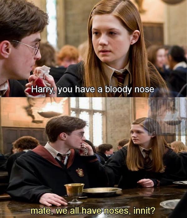 A funny meme where the character Harry Potter hilariously misunderstands his friend Ginny Weasley's comment about his "bloody nose" because of his thick and comical accent.