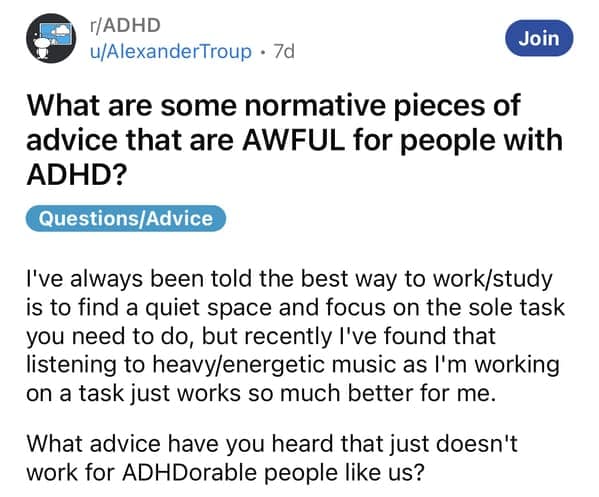 Reddit post asking for examples of hilariously bad ADHD advice, starting with the myth of needing a quiet space to focus.