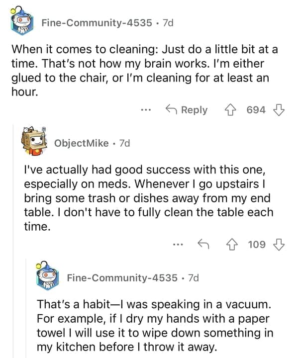 A Reddit thread discussing why the "clean a little at a time" method can be hilariously bad ADHD advice.