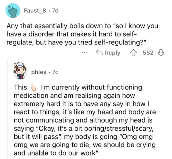 A Reddit thread pointing out the absurdity of telling someone with ADHD to "just self-regulate."