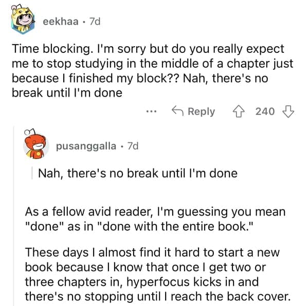 relatable ADHD story from Reddit about how time blocking fails in the face of hyperfocus.