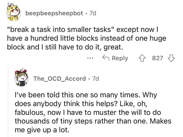 A thread of ADHD stories explaining how "break a task into smaller tasks" can make things more overwhelming.