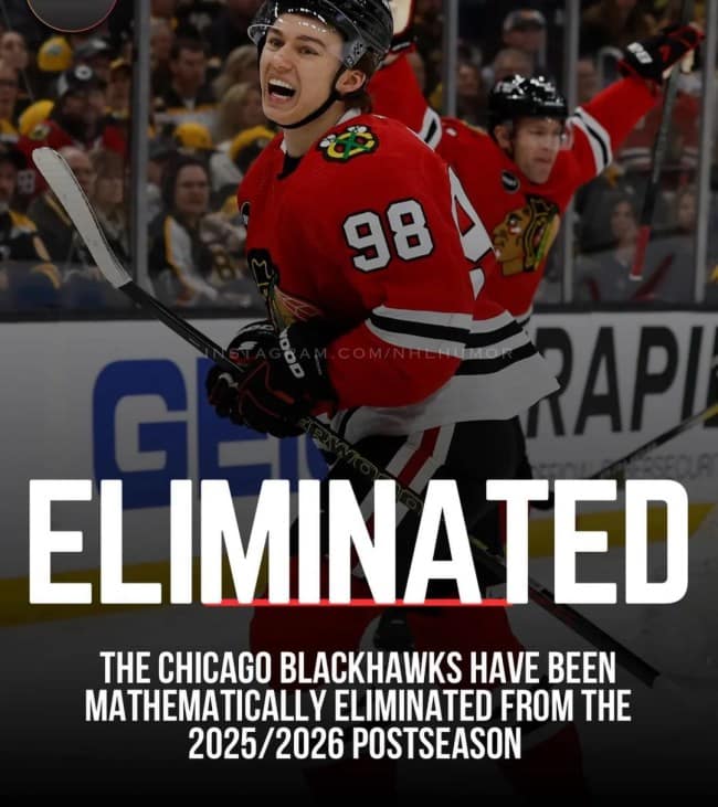 A funny hockey meme showing Connor Bedard and the Blackhawks being eliminated from the 2026 postseason before it starts.