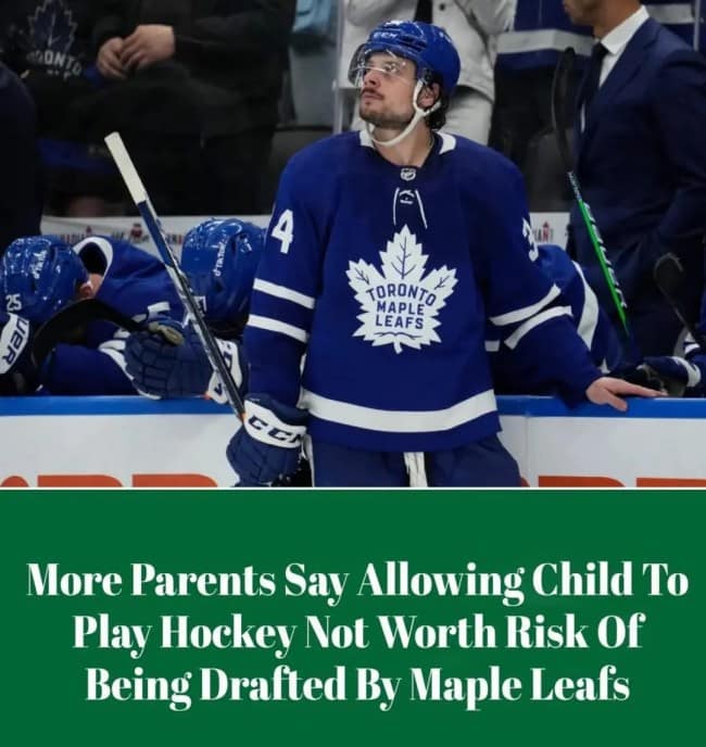 A hilarious satirical news headline about the risk of a child being drafted by the Toronto Maple Leafs.