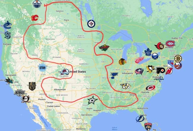 A map of all the NHL teams with a red line drawn to show the brutal travel schedule of the Western Conference.