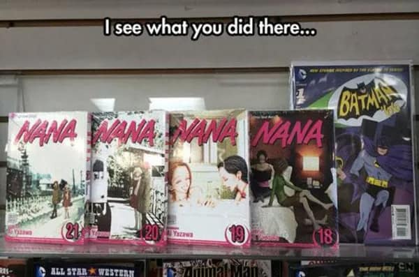 A comic book store's clever display of four volumes of the manga series Nana placed next to a Batman comic to create the TV theme song.