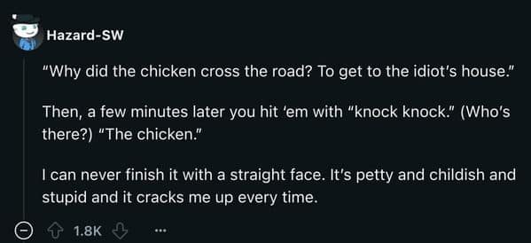 A funny two-part ice breaker joke that starts with the classic "why did the chicken cross the road?" setup.