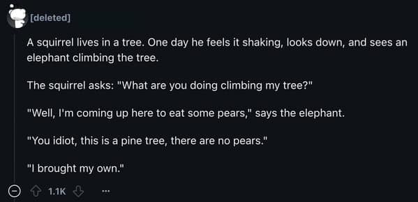 A classic anti-joke about an elephant climbing a pine tree to eat the delicious pears that he brought himself.