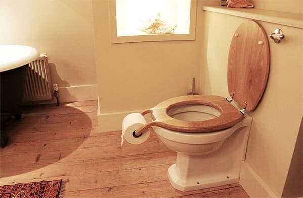 Toilet fitted with an oversized wooden ring that also threads the toilet paper roll.