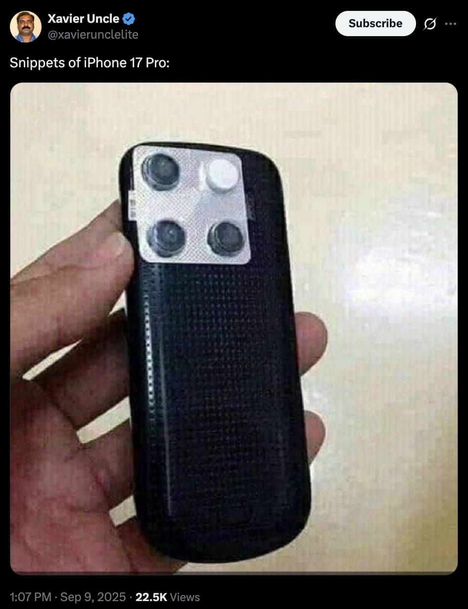 A hilarious iphone 17 meme showing a cheap phone with a four-lens camera array.