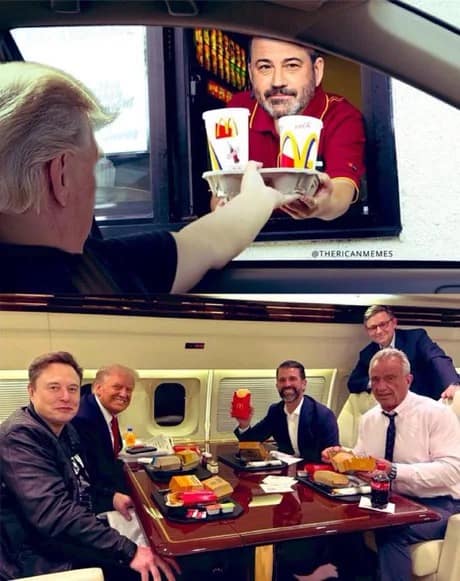 A funny Jimmy Kimmel meme showing him working at McDonald's, serving Donald Trump and Elon Musk.