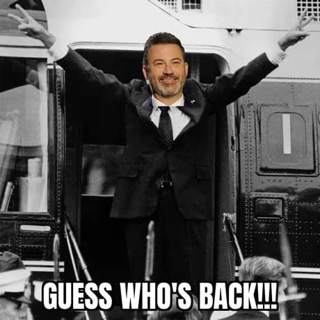 A Jimmy Kimmel meme photoshopped onto Richard Nixon's iconic "Guess who's back" photo after his reinstatement.