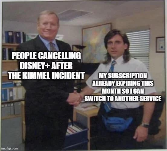 A Jimmy Kimmel meme from "The Office" about people canceling Disney+ after the "Kimmel incident."