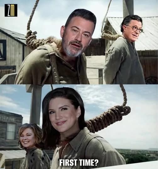 A Jimmy Kimmel meme using the "First time?" gallows format with other controversial celebrities.