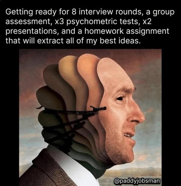 A surreal and artistic image of a man with many different faces, which is used to represent the exhausting, soul-crushing, and lengthy modern job interview process.