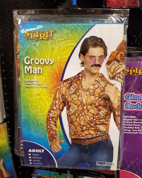 A funny and generic 1970s-style hippie costume from the store Spirit Halloween that has been given the simple and descriptive name "Groovy Man."