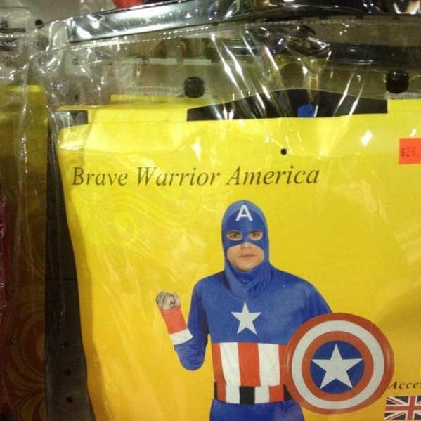 A very cheap-looking and low-quality, knock-off version of a Captain America costume from the Marvel movies that has been generically renamed to be "Brave Warrior America."