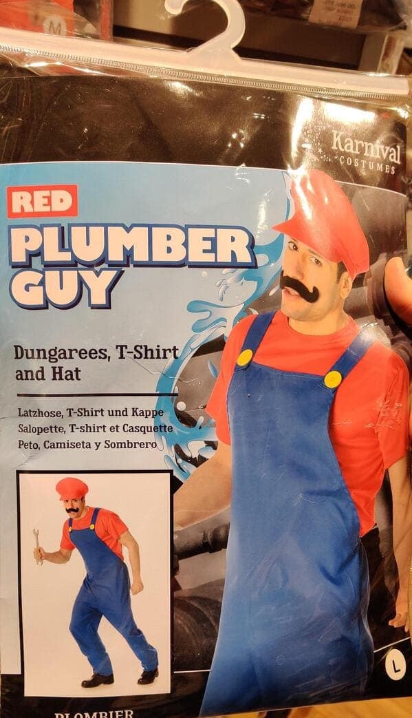 A hilarious knock-off version of a Super Mario costume from the Nintendo video games that has been legally and hilariously renamed to be "Red Plumber Guy."