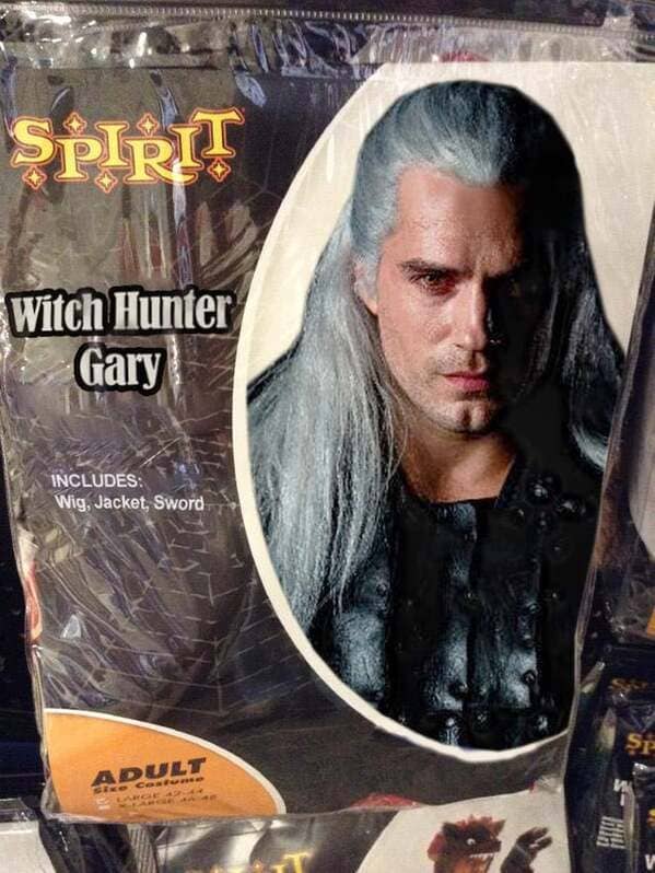 A very popular photoshopped image of a Spirit Halloween costume of the character Geralt from the TV show The Witcher, which has been renamed to the very normal "Witch Hunter Gary."