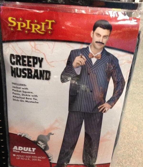 A generic Gomez Addams-style costume from the store Spirit Halloween that has been simply and brilliantly named "Creepy Husband" on the official packaging.