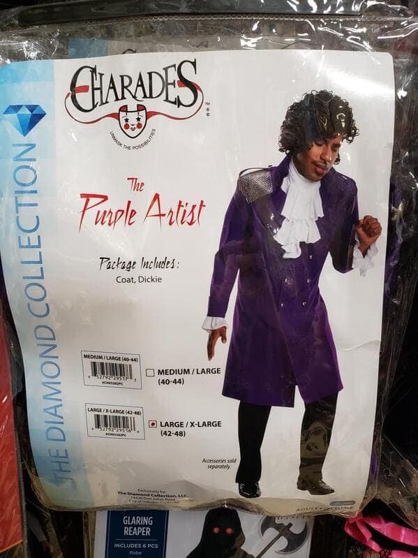 A knock-off Halloween costume of the legendary and iconic musician Prince, who has been legally and cleverly renamed for the costume packaging to be "The Purple Artist."