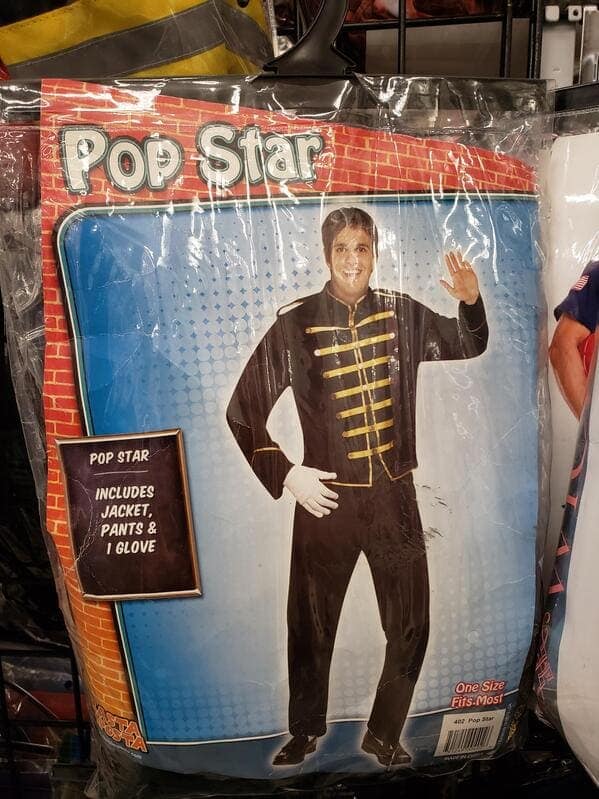 A generic pop star Halloween costume that is very clearly meant to be the musician Michael Jackson from his famous "Bad" era, but has been simply and legally named "Pop Star."