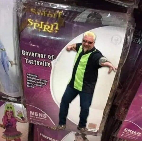A very popular photoshopped Halloween costume of the famous celebrity chef Guy Fieri that has been hilariously and brilliantly renamed to be the "Governor of Tasteville."