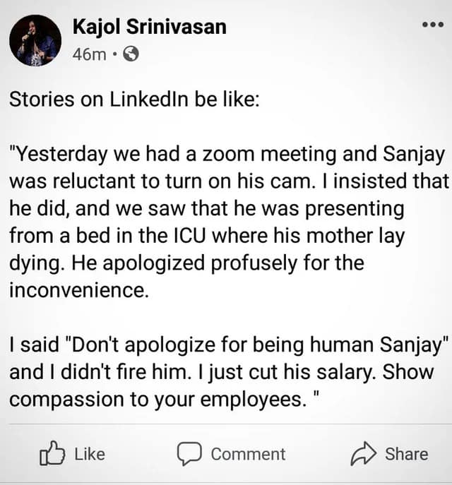 A fake LinkedIn story satirizing "compassionate" bosses, where a manager "rewards" a grieving employee by only cutting his salary.