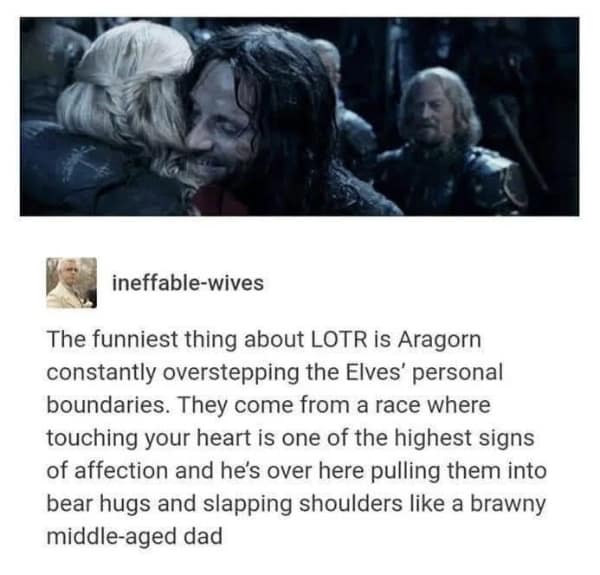A lotr meme from Tumblr about Aragorn being a "brawny middle-aged dad" to the elves.