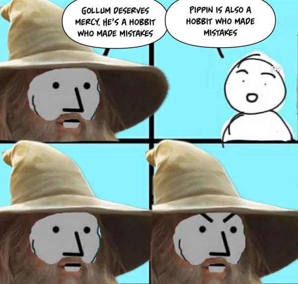 A lotr meme showing Gandalf's hypocrisy when judging Gollum's mistakes versus Pippin's mistakes.