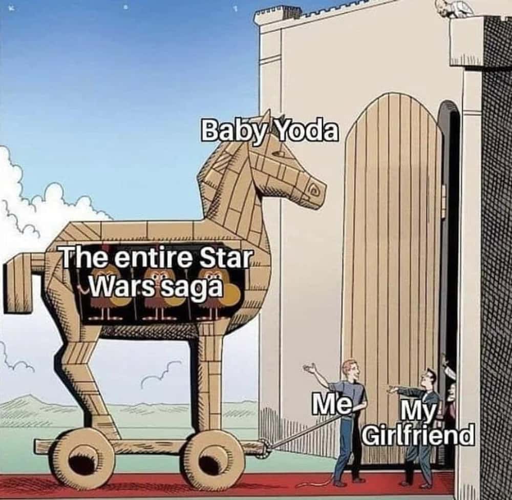 A Mandalorian and Grogu meme showing Grogu as a Trojan horse to introduce Star Wars to a girlfriend.