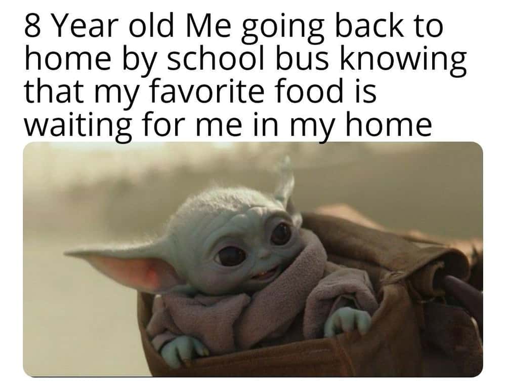 A Mandalorian and Grogu meme showing a happy Grogu representing a kid coming home to their favorite food.