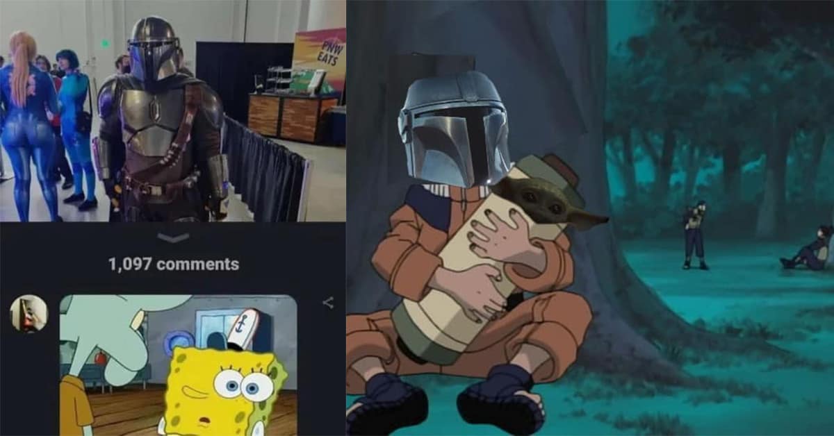 A collage of funny and wholesome Mandalorian and Grogu memes showing their father-son dynamic.