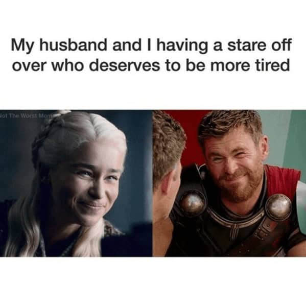 A funny marriage meme showing a husband and wife having a stare off over who is more tired.