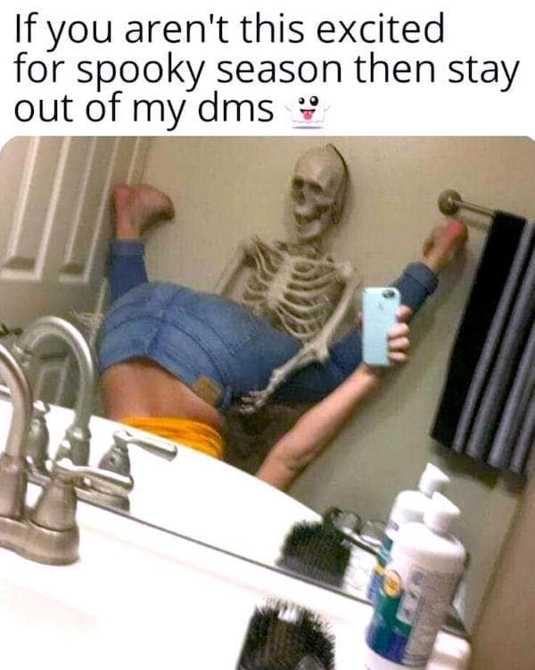 A funny meme for spooky season showing a skeleton in jeans taking a thirst trap selfie in a mirror.