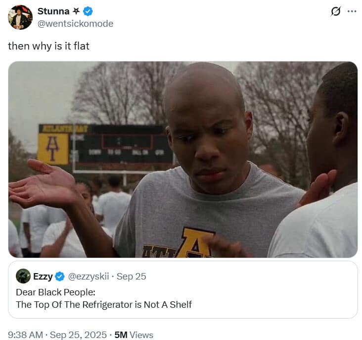 A funny meme from a viral tweet debating if the top of the refrigerator is a shelf, with a perfect reaction image saying "then why is it flat."