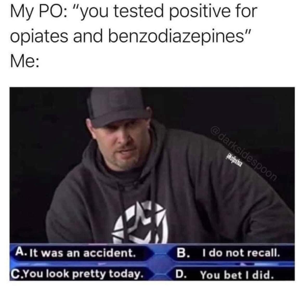 A meme dump of a man on a game show with a list of terrible excuses for a failed drug test.