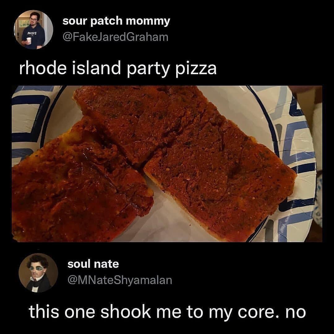 A meme dump tweet showing controversial Rhode Island party pizza, horrifying another user.