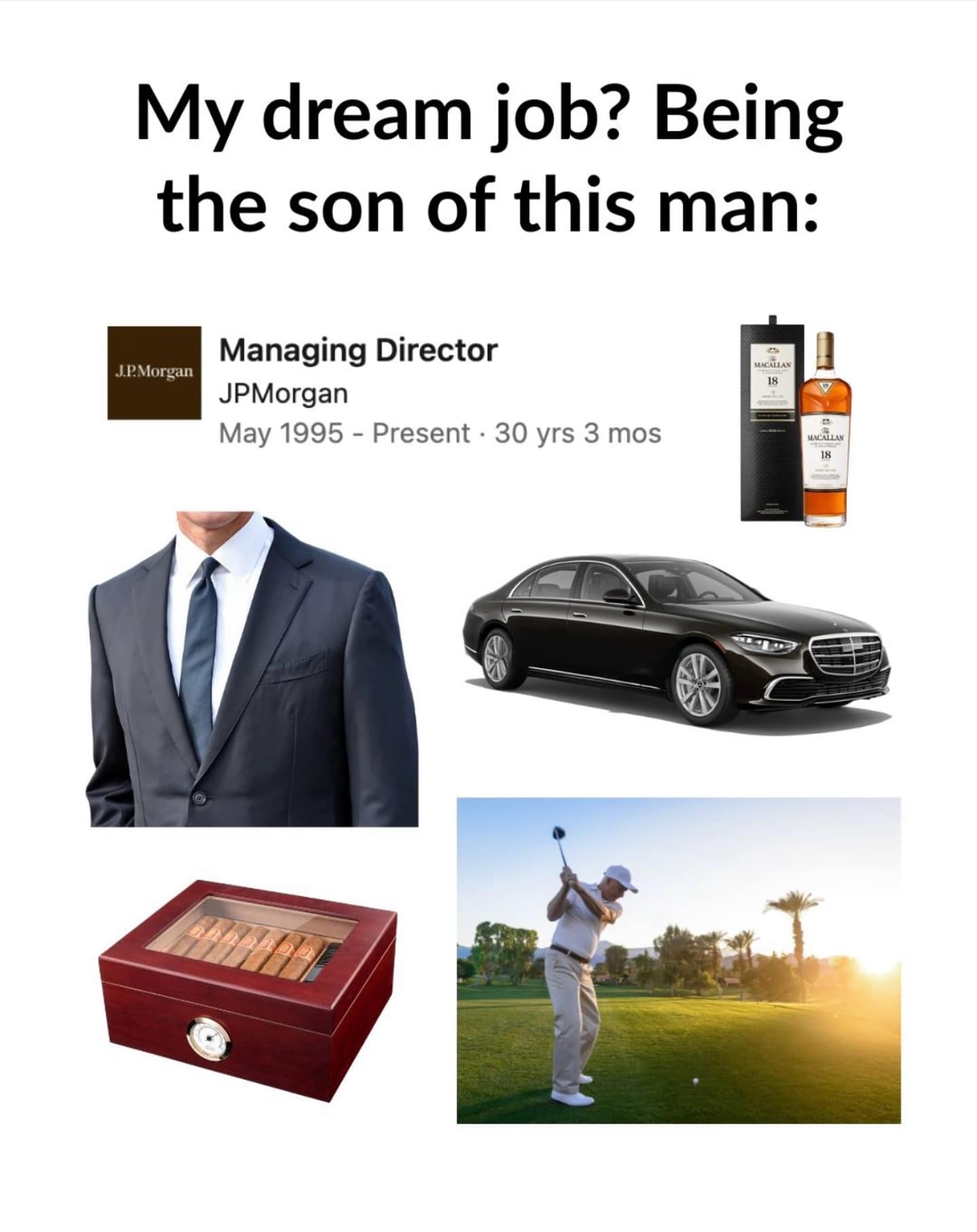 A meme dump "starter pack" for the dream job of being a rich man's son.