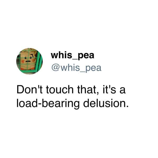 A meme dump tweet coining the hilarious and relatable phrase "load-bearing delusion."
