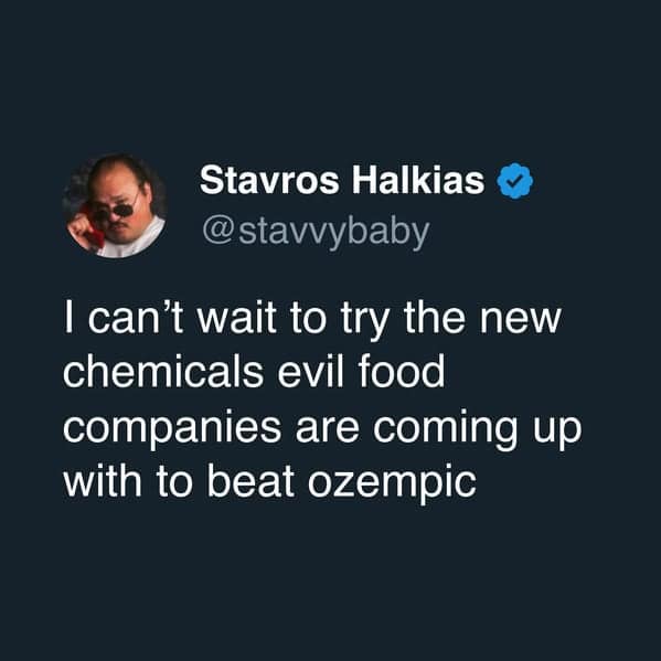 A meme dump tweet from Stavros Halkias about evil food companies fighting Ozempic.